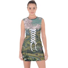 Anime Scenery Drawing Sky Landscape Cloud Cartoon Lace Up Front Bodycon Dress by Sarkoni