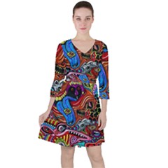 Psychedelic Trippy Hippie  Weird Art Quarter Sleeve Ruffle Waist Dress by Sarkoni