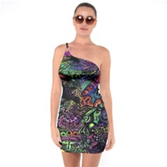 Trippy Dark Psychedelic One Shoulder Ring Trim Bodycon Dress by Sarkoni