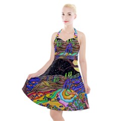 Nature Moon Psychedelic Painting Halter Party Swing Dress  by Sarkoni