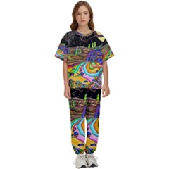 Nature Moon Psychedelic Painting Kids  T-shirt And Pants Sports Set by Sarkoni