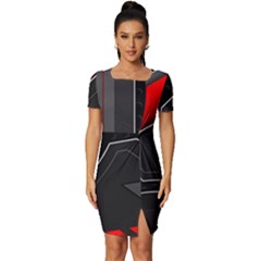 Gamer Tech Black Mesh Red Modern Shape Texture Geometric Pattern Fitted Knot Split End Bodycon Dress by Sarkoni