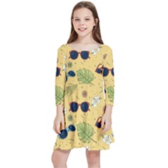 Seamless Pattern Of Sunglasses Tropical Leaves And Flowers Kids  Quarter Sleeve Skater Dress by Sarkoni