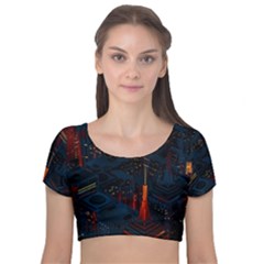 Architecture City Pixel Art Velvet Short Sleeve Crop Top  by Sarkoni