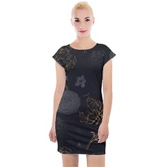 Dark And Gold Flower Patterned Cap Sleeve Bodycon Dress by Grandong