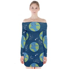 Seamless Pattern Cartoon Earth Planet Long Sleeve Off Shoulder Dress by Grandong