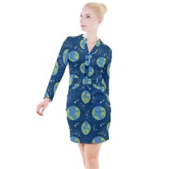 Seamless Pattern Cartoon Earth Planet Button Long Sleeve Dress by Grandong