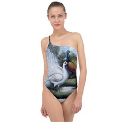 Canvas Oil Painting Two Peacock Classic One Shoulder Swimsuit by Grandong