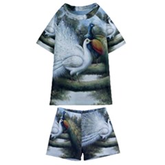 Canvas Oil Painting Two Peacock Kids  Swim T-shirt And Shorts Set by Grandong