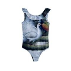 Canvas Oil Painting Two Peacock Kids  Frill Swimsuit by Grandong