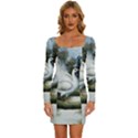 Canvas Oil Painting Two Peacock Long Sleeve Square Neck Bodycon Velvet Dress View1