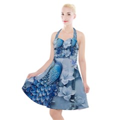 Chinese Style 3d Embossed Blue Peacock Oil Painting Halter Party Swing Dress  by Grandong