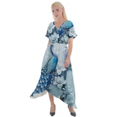 Chinese Style 3d Embossed Blue Peacock Oil Painting Cross Front Sharkbite Hem Maxi Dress by Grandong