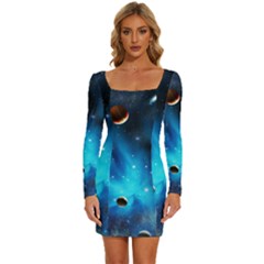 3d Universe Space Star Planet Long Sleeve Square Neck Bodycon Velvet Dress by Grandong