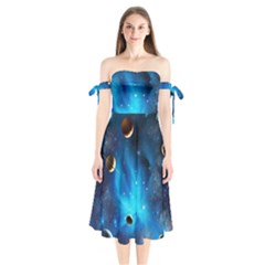 3d Universe Space Star Planet Shoulder Tie Bardot Midi Dress by Grandong