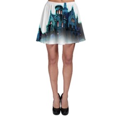 Blue Castle Halloween Horror Haunted House Skater Skirt by Sarkoni