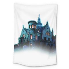 Blue Castle Halloween Horror Haunted House Large Tapestry by Sarkoni