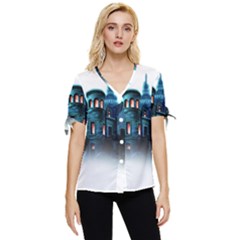 Blue Castle Halloween Horror Haunted House Bow Sleeve Button Up Top by Sarkoni