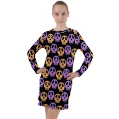 Halloween Skull Pattern Long Sleeve Hoodie Dress by Ndabl3x