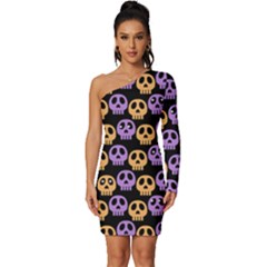 Halloween Skull Pattern Long Sleeve One Shoulder Mini Dress by Ndabl3x