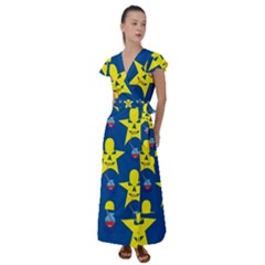 Blue Yellow October 31 Halloween Flutter Sleeve Maxi Dress by Ndabl3x