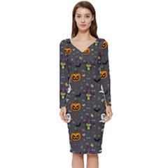 Halloween Bat Pattern Long Sleeve V-neck Bodycon Dress  by Ndabl3x