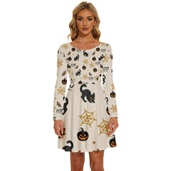 Cat Halloween Pattern Long Sleeve Wide Neck Velvet Dress by Ndabl3x