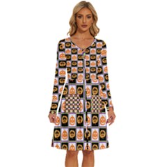 Chess Halloween Pattern Long Sleeve Dress With Pocket by Ndabl3x