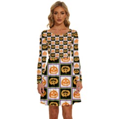 Chess Halloween Pattern Long Sleeve Wide Neck Velvet Dress by Ndabl3x