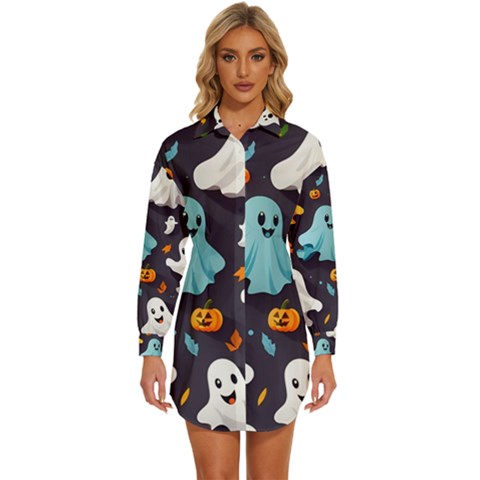 Ghost Pumpkin Scary Womens Long Sleeve Shirt Dress by Ndabl3x