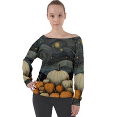 Pumpkin Halloween Off Shoulder Long Sleeve Velour Top by Ndabl3x