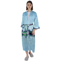 Japanese Themed Pixel Art The Urban And Rural Side Of Japan Maxi Satin Kimono by Sarkoni