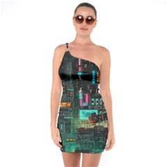 Video Game Pixel Art One Shoulder Ring Trim Bodycon Dress by Sarkoni