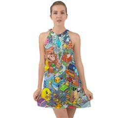 Pixel Art Retro Video Game Halter Tie Back Chiffon Dress by Sarkoni