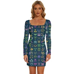 Procedural Generation Digital Art Pattern Long Sleeve Square Neck Bodycon Velvet Dress by Grandong