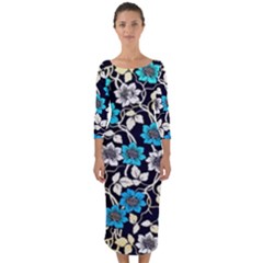 Blue Flower Pattern Floral Pattern Quarter Sleeve Midi Bodycon Dress by Grandong