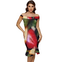 Fruits, Food, Green, Red, Strawberry, Yellow Off Shoulder Ruffle Split Hem Bodycon Dress by nateshop