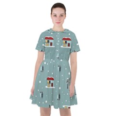 Seamless Pattern With Festive Christmas Houses Trees In Snow And Snowflakes Sailor Dress by Grandong