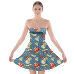 Winter Blue Christmas Snowman Pattern Strapless Bra Top Dress by Grandong