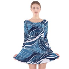 Abstract Blue Ocean Wave Long Sleeve Velvet Skater Dress by Jack14