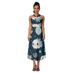 Fish Pattern Sleeveless Cross Front Cocktail Midi Chiffon Dress by Valentinaart