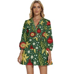 Christmas Pattern V-neck Placket Mini Dress by Valentinaart