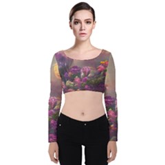 Floral Blossoms  Velvet Long Sleeve Crop Top by Internationalstore