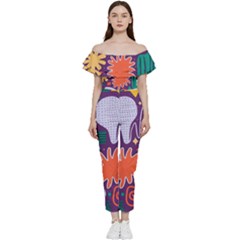 Colorful Shapes On A Purple Background Bardot Ruffle Jumpsuit by LalyLauraFLM