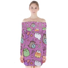 Pusheen Cat Long Sleeve Off Shoulder Dress by Pakjumat