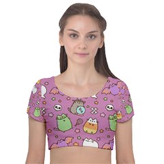 Pusheen Cat Velvet Short Sleeve Crop Top  by Pakjumat