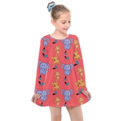 Elephant Monkey Dog Cartoon Kids  Long Sleeve Dress by Pakjumat