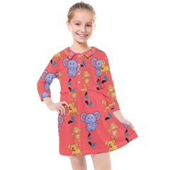 Elephant Monkey Dog Cartoon Kids  Quarter Sleeve Shirt Dress by Pakjumat