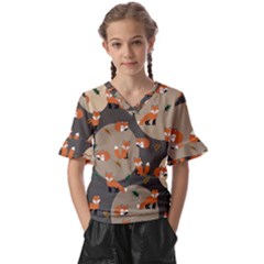 Fox Pattern Kids  V-neck Horn Sleeve Blouse by Pakjumat