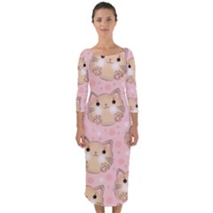 Cat Pattern Pink Cartoon Quarter Sleeve Midi Bodycon Dress by Pakjumat